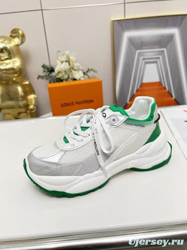 2025 Unisex Louis Vuitton White Green Leather Mesh Rubber Sneakers LY00340