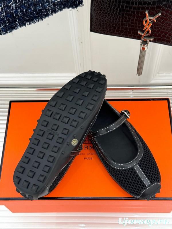 2025 Women Hermès Black Mesh Leather Mary Jane