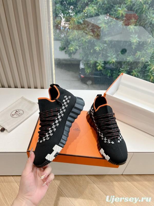 2024 Unisex Hermès Black Orange Calf Suede Knit Sneakers MJ00290(W/M)
