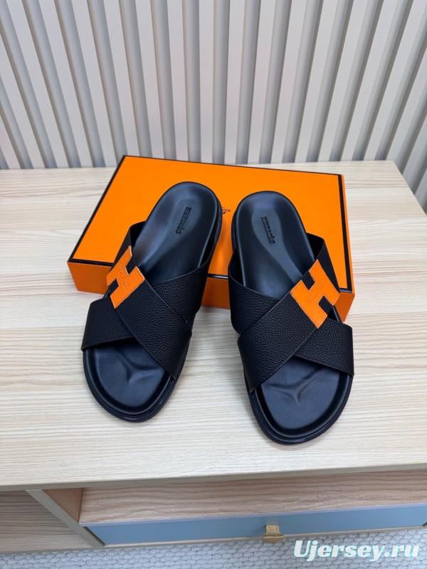 2025 Slippers Hermès Black Orange Leather Slippers