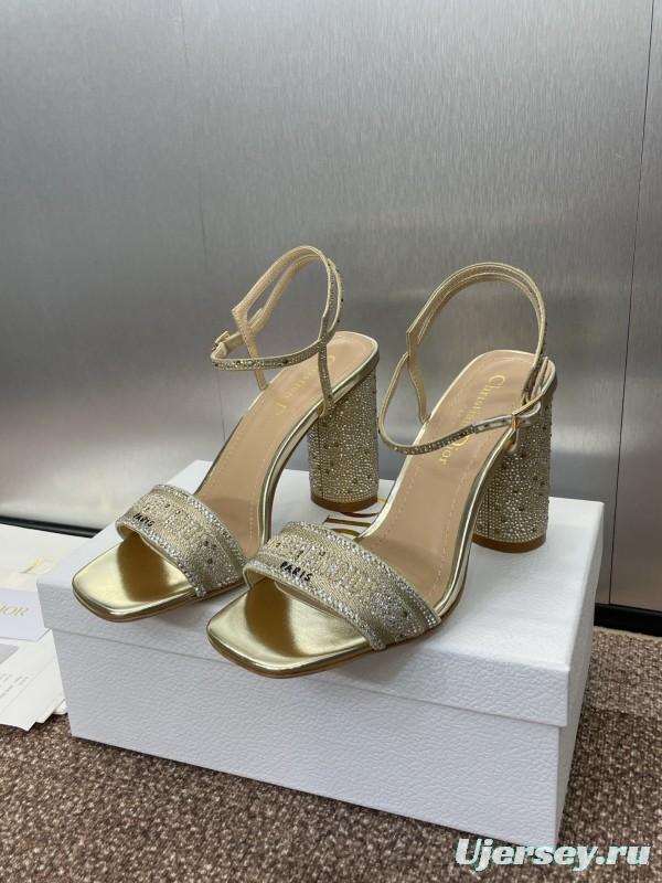 2025 Women Dior Gold Crystal Embellished Leather Sandals KFY00320