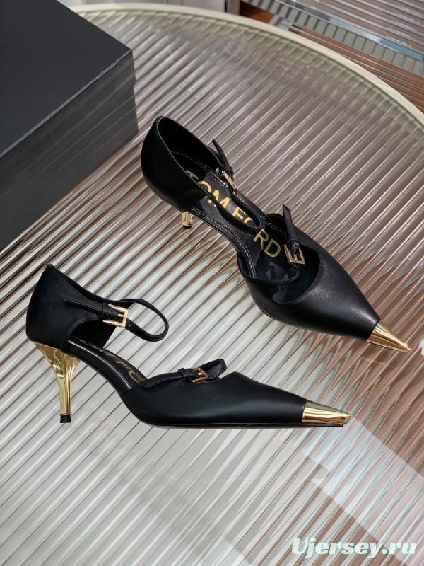 2025 Women TOM FORD Black Gold Leather Heels Metal Toe KFY00320