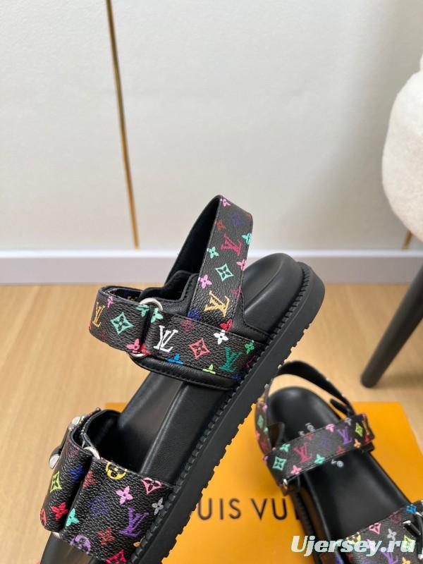 2025 Women Louis Vuitton Black Multicolor Canvas Sandals