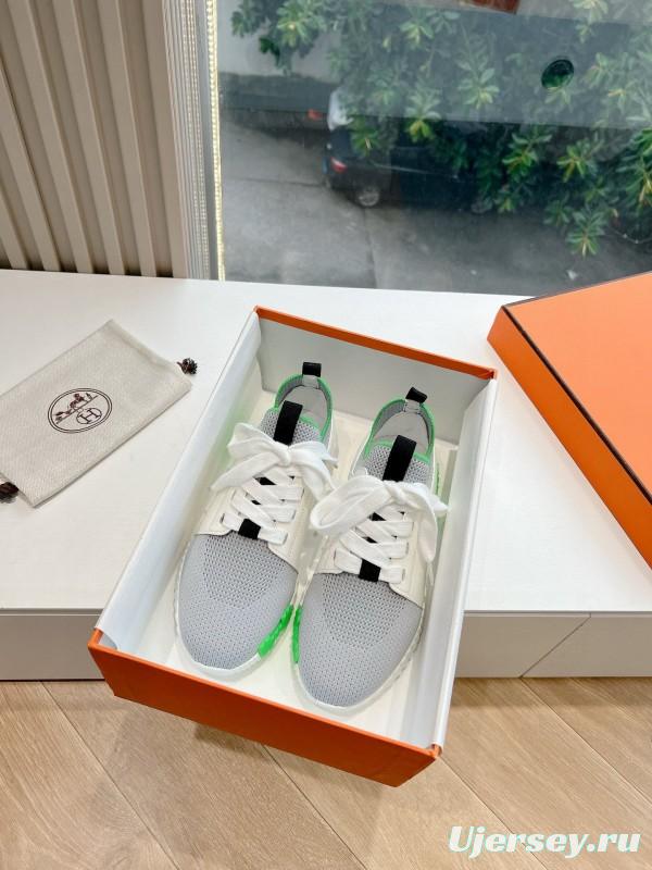 2024 Unisex Hermès White Green Calfskin Suede Sneakers MJ00290