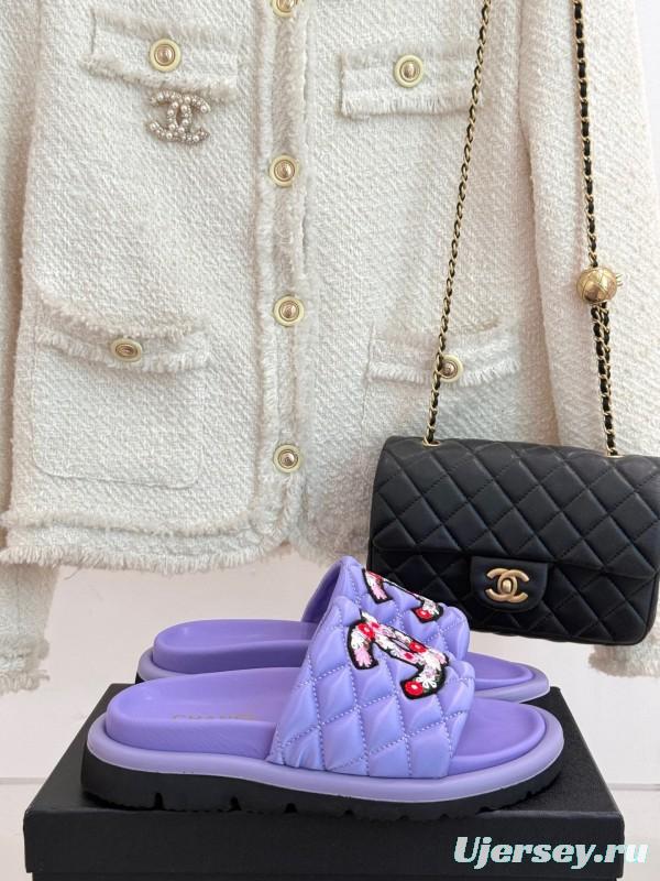 2025 Slippers Chanel Purple Quilt Embroidery