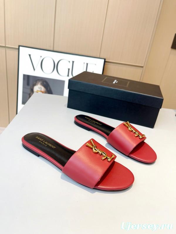 2025 Women Yves Saint Laurent Red Leather Slippers LY00180