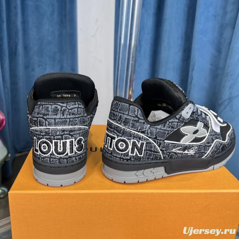 2025 Unisex Louis Vuitton Black Grey Leather Canvas Plimsolls Stitching LV0038