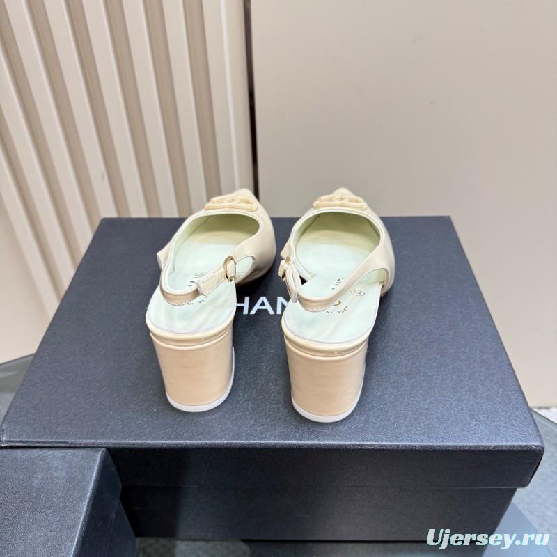 2025 Women Chanel Beige Patent Leather Slingback Heels
