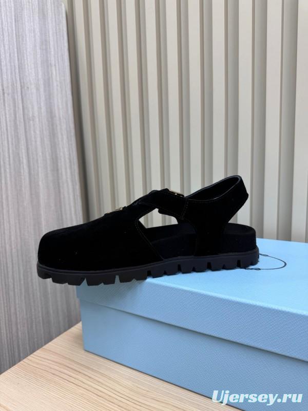 2025 Women Prada Black Suede Sandals LY00280