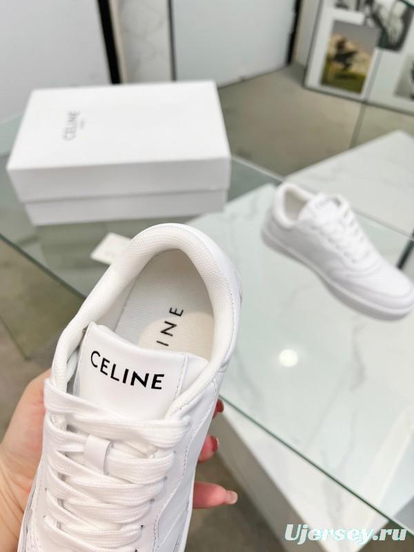 2025 Women Celine White Leather Sneakers Block Triomphe KFY00260