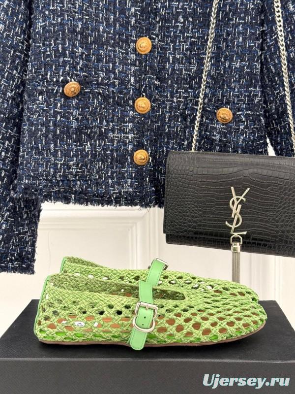 2025 Women AlAIA Green Leather Mesh Mary Jane