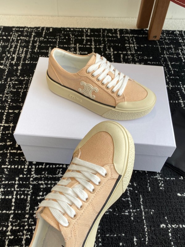 2025 Women Celine Beige Canvas Leather Platform Sneakers