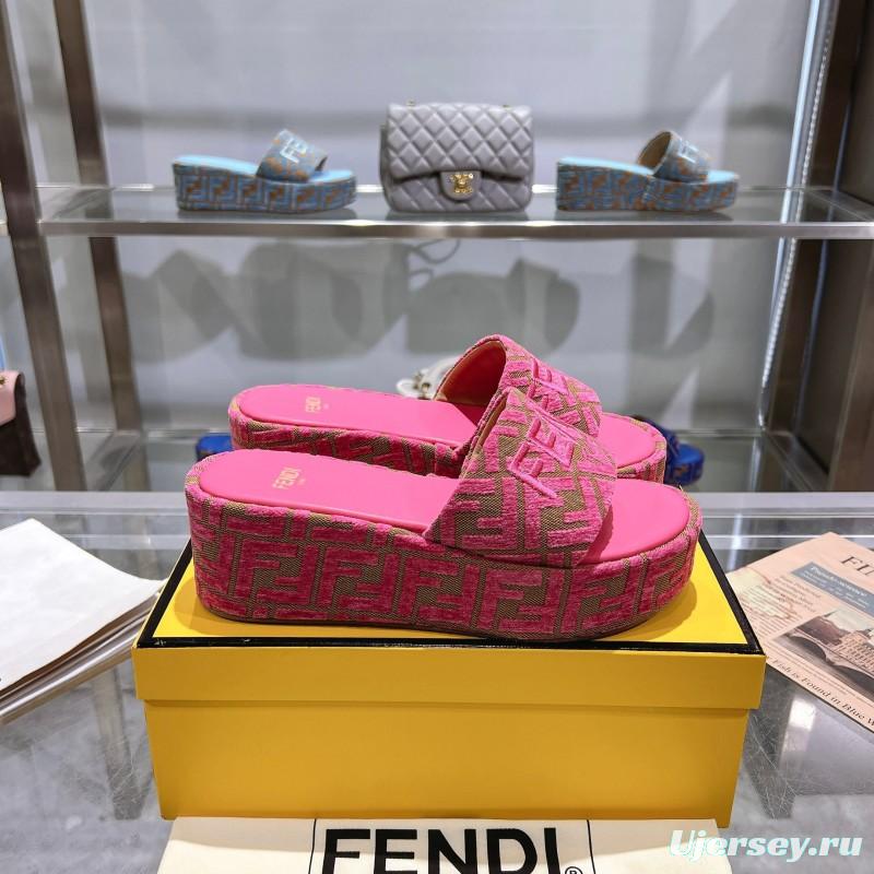 2025 Women Fendi Pink Canvas Slippers FF Jacquard KFY00240