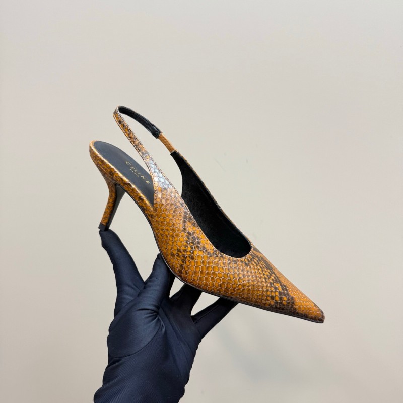 2025 Women Celine Brown Snakeskin Leather Slingback Heels
