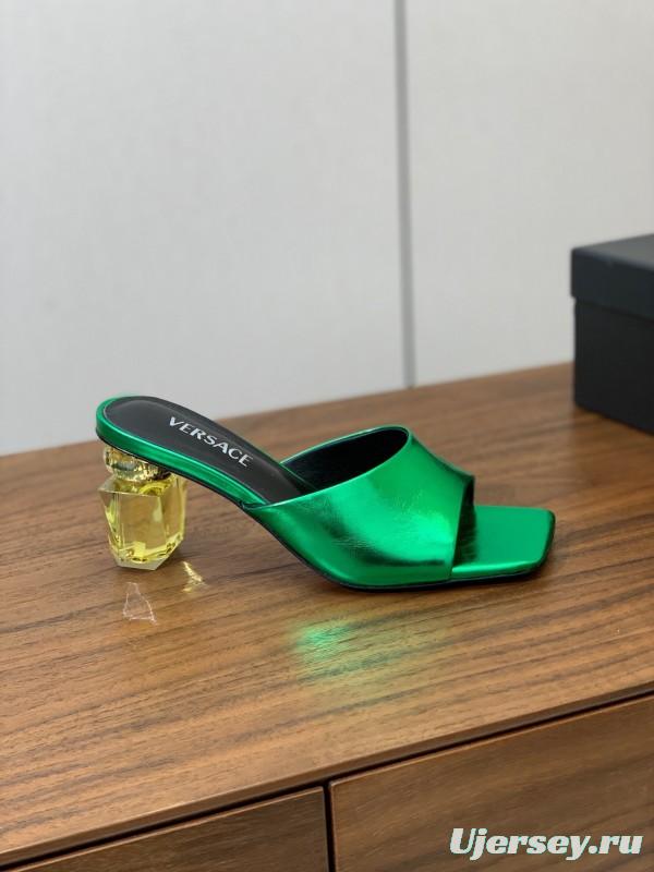 2025 Women VERSACE Green Leather Slippers