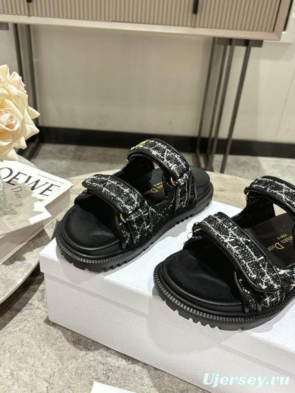 2025 Women Dior Black White Fabric Leather Sandals KFY00300