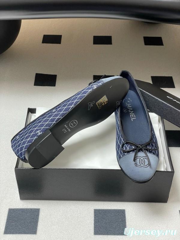 2025 Women Chanel Blue Denim Leather Ballet Flat