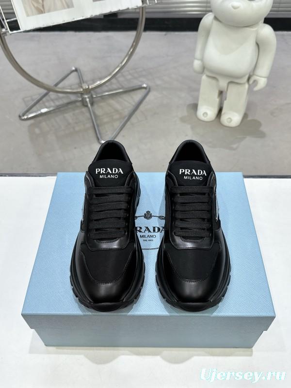 2025 Unisex Prada Black Leather Nylon Sneakers