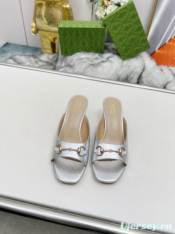 2025 Women Gucci Silver Leather Mules Horsebit MJ00180