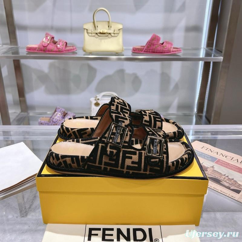 2025 Fendi Black Beige Jacquard Fabric Leather Slippers