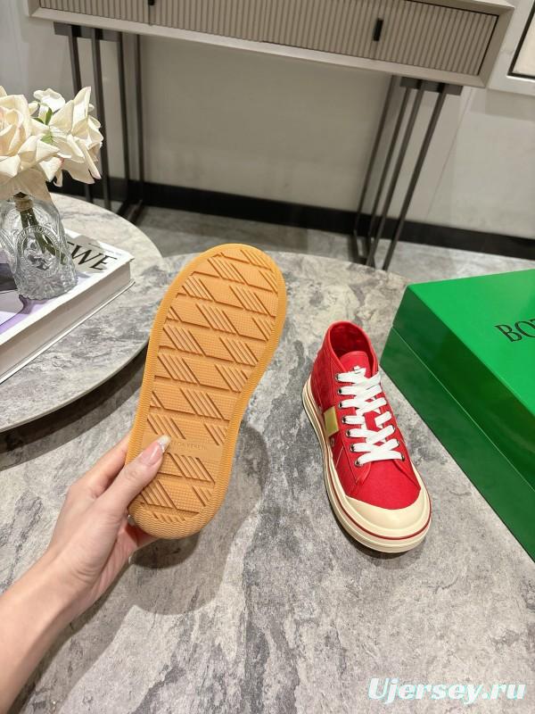 2025 Unisex Bottega Veneta Red Yellow Canvas Leather Sneakers Hand Painted KFY00260(F/M)