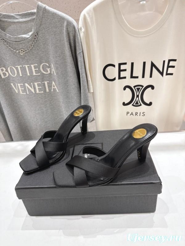 2025 Women Yves Saint Laurent Black Leather High Heel Slide Sandals With Gold Medallion Detail - LY00360(F)