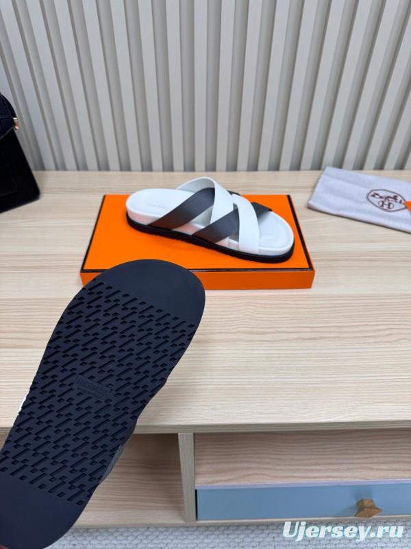2025 Men Hermès White Black Leather Slippers