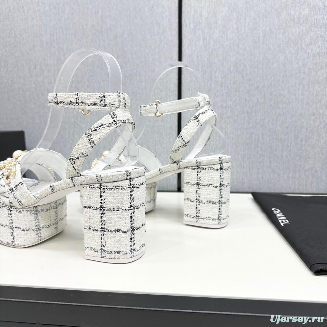 2025 Women Chanel White Black Fabric Platform Sandals Pearl Embellishment