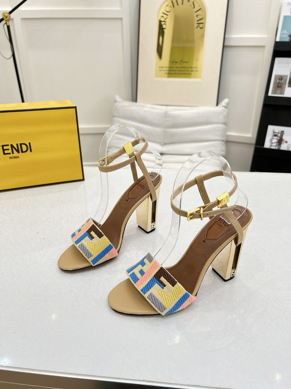 2025 Women Fendi Beige Canvas Leather High Heel Buckle MJ00280