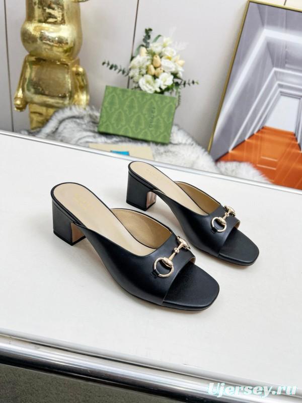 2025 Women Gucci Black Leather Mules Classic Buckle MJ00180