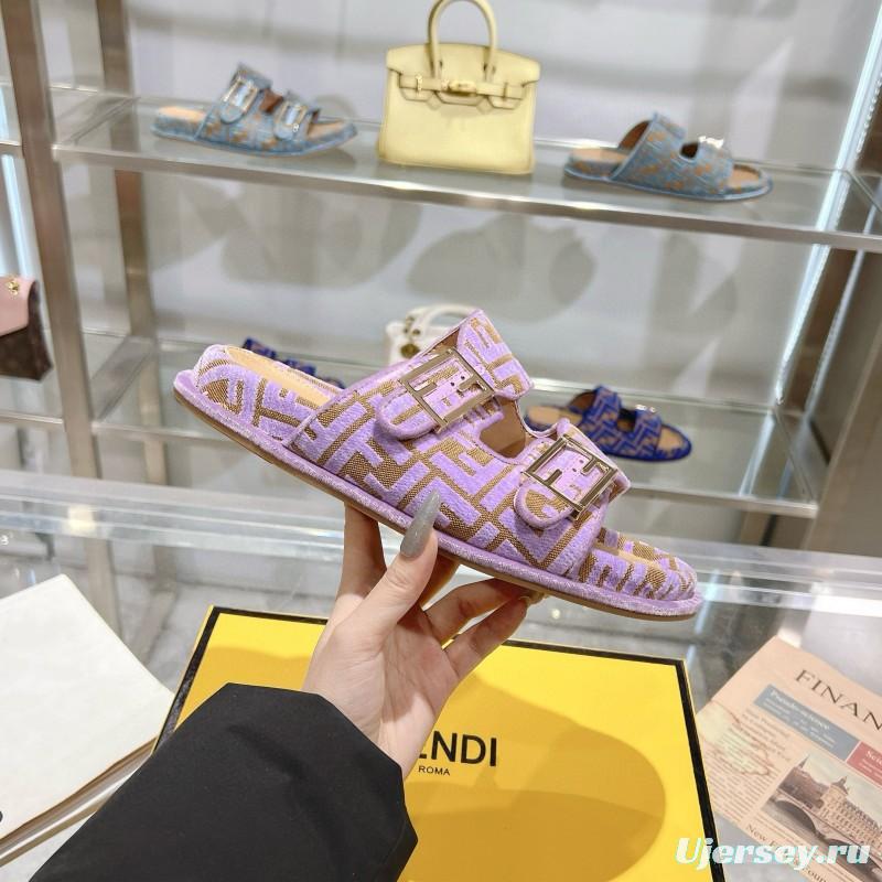 2025 Slippers Fendi Purple Fabric Buckle FF Jacquard MJ00230