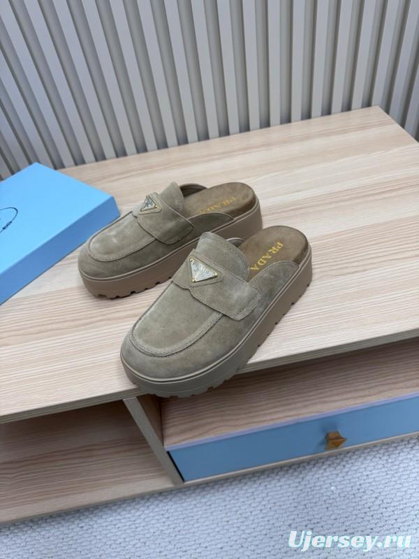 2025 Women Prada Khaki Suede Platform Loafers