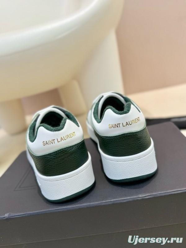 2024 Unisex Yves Saint Laurent White Dark Green Leather Silk Cowhide SL61 Casual Shoes Perforation MJ00350