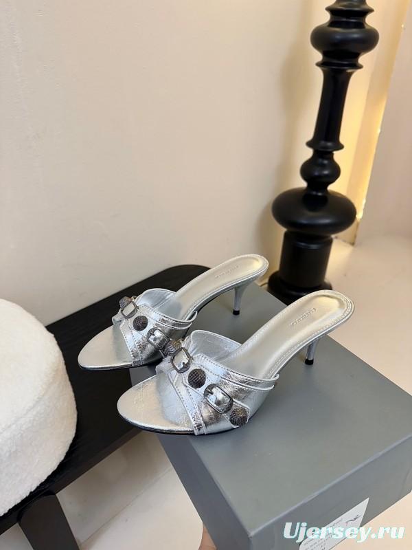 2025 Women Balenciaga Silver Leather High Heel Mules