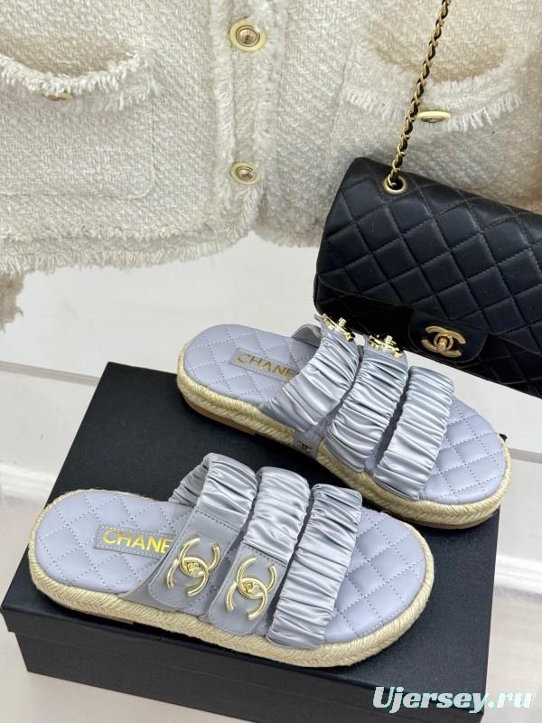 2025 Women Chanel Silver Leather Slippers KFY00230