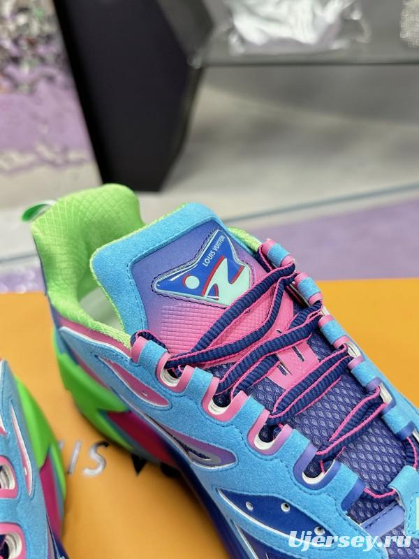 2025 Men Louis Vuitton Blue Pink Green Mesh Leather Sneakers MJ00420