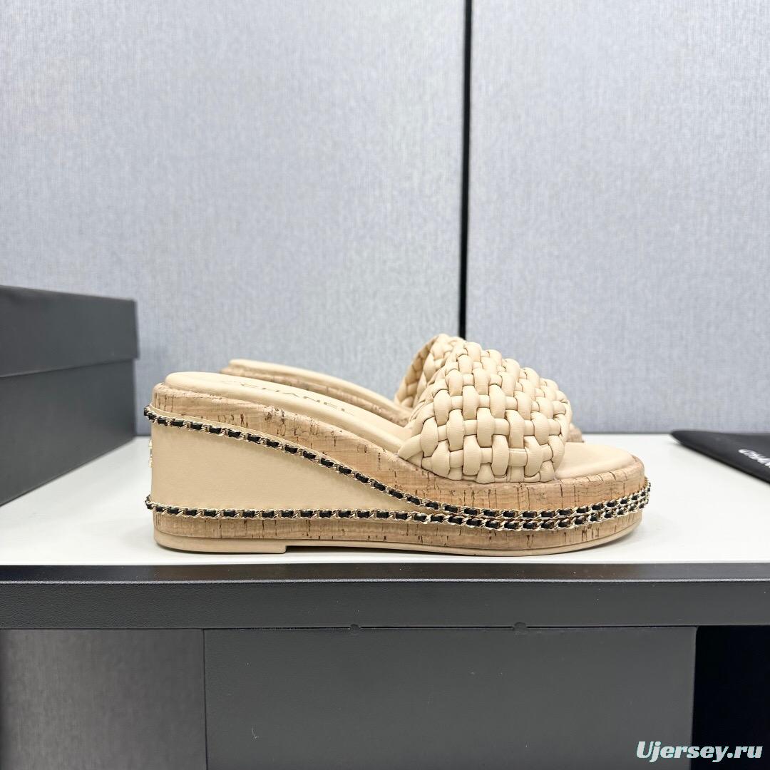 2025 Women Chanel Beige Leather Wedge Sandals