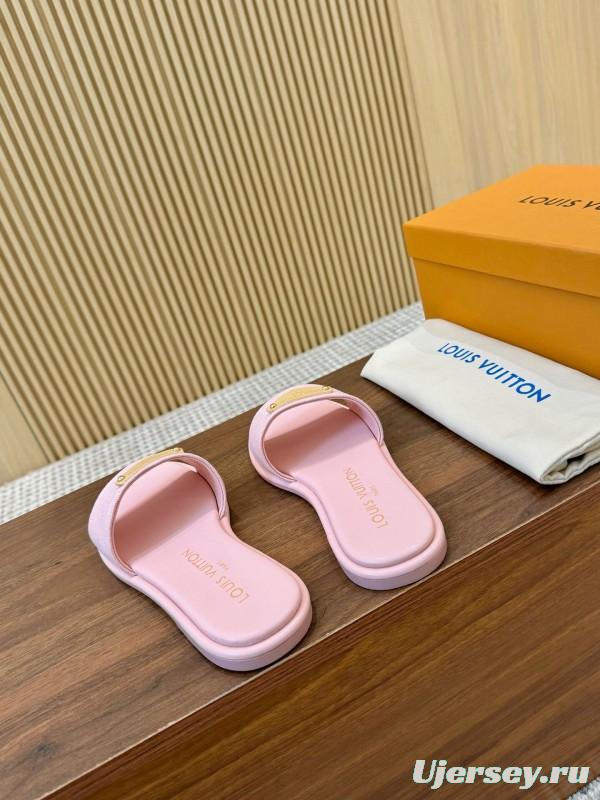 2025 Women Louis Vuitton Pink Leather Slippers LY00220