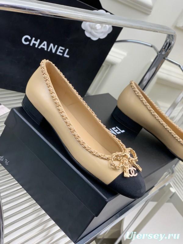 2025 Women Chanel Beige Black Leather Ballet Flats