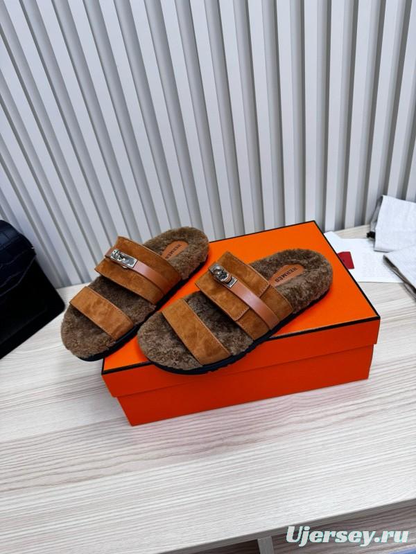 2024 Slippers Hermès Brown Suede Shearling Slippers MJ00300