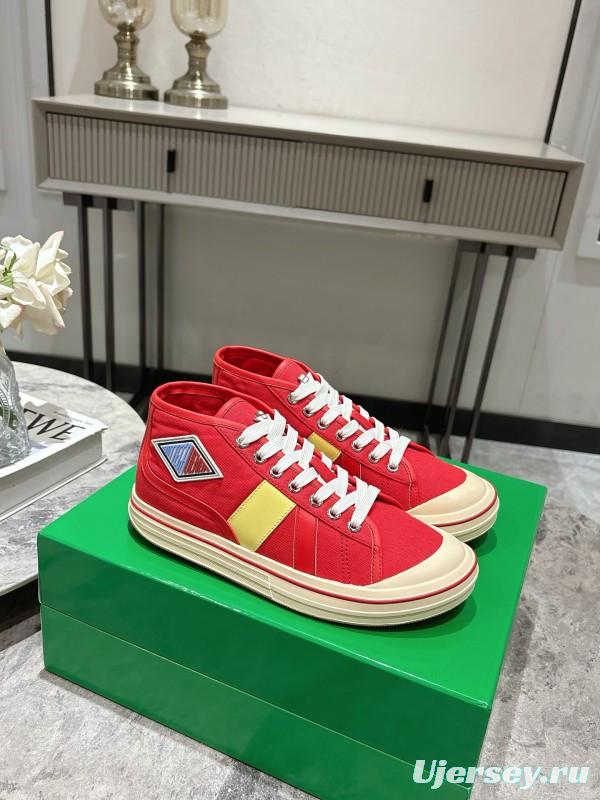 2025 Unisex Bottega Veneta Red Yellow Canvas Leather Sneakers Hand Painted KFY00260(F/M)