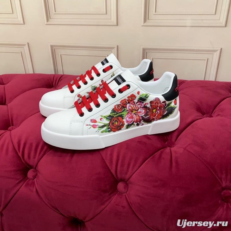 2025 Women Dolce & Gabbana White Red Leather Sneakers Floral LY00300