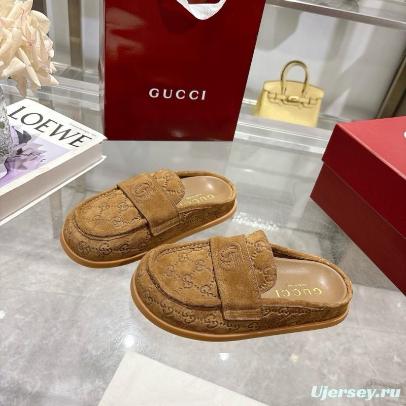 2025 Women Gucci Dark Brown Suede Loafers Embossed GG LY00270