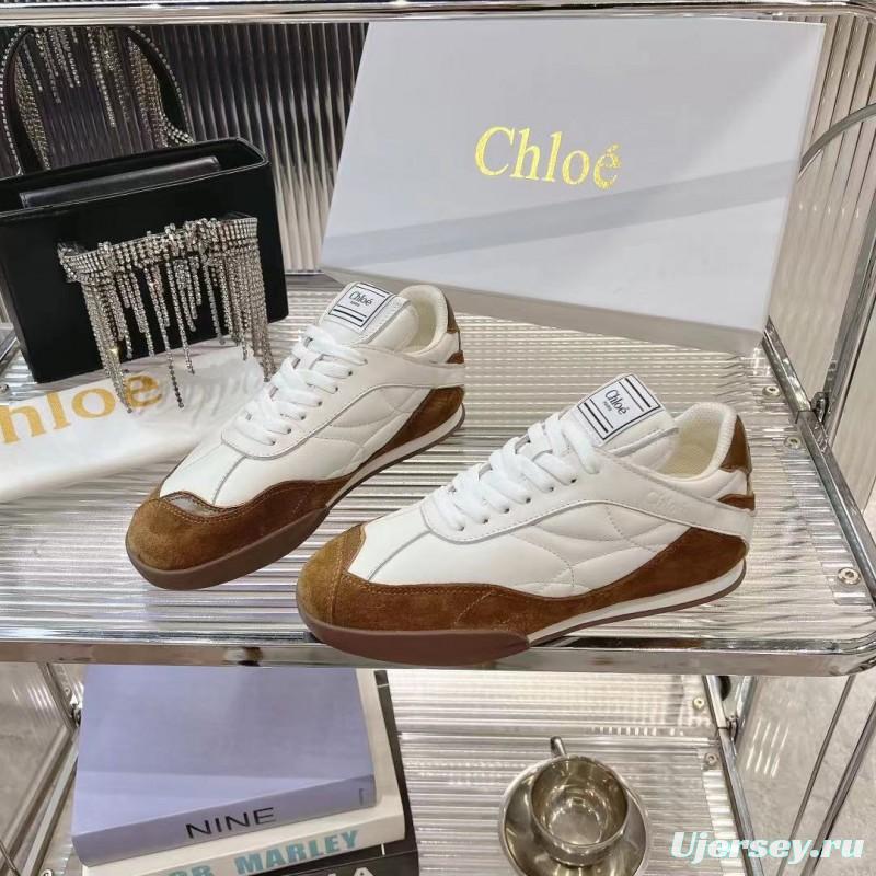 2025 Women Chloé White Brown Leather Suede Sneakers LY00300