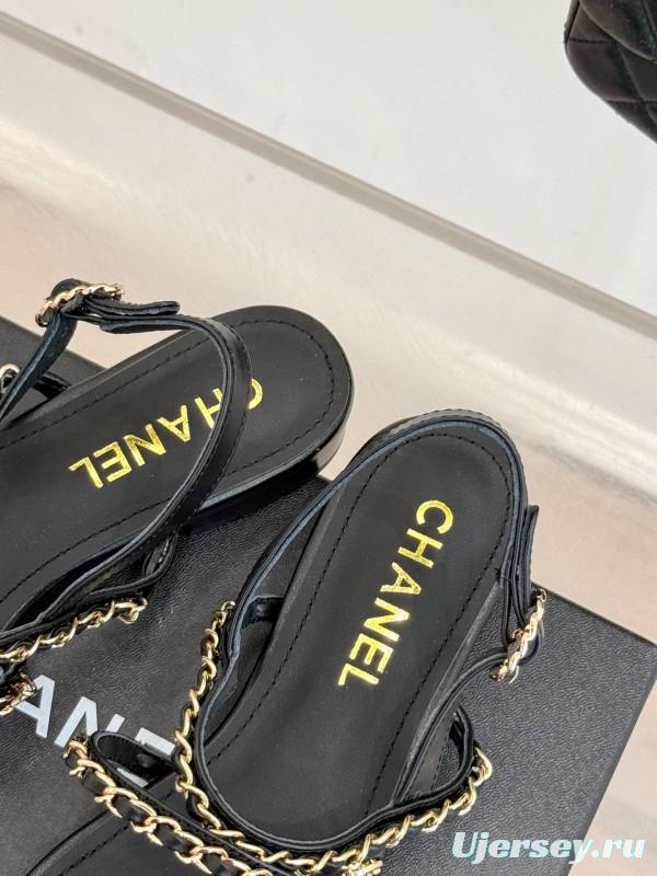 2025 Women Chanel Black Leather Slingback Sandals Chain KFY00270