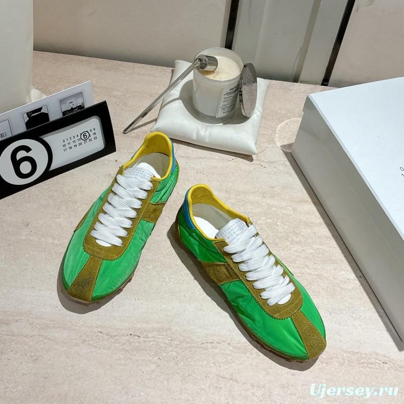 2025 Unisex Maison Margiela Green Yellow Leather Nylon Suede Sneakers Distressed