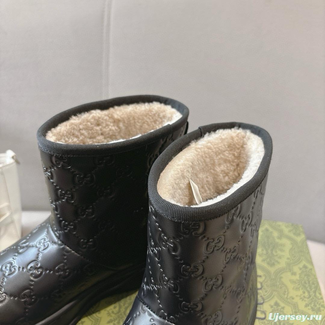 2024 Women Gucci Black Leather Suede Shearling Snow Boots MJ00350