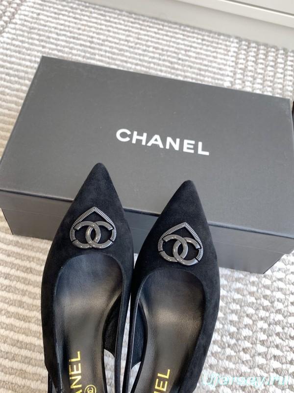 2025 Women Chanel Black Suede Slingback Heels CC Logo KFY00300