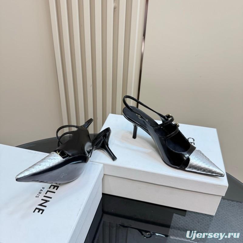 2025 Women Celine Black White Leather Pointed Toe Kitten Heel KFY00310