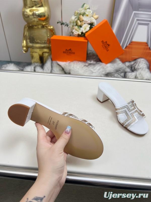 2025 Herme* White Leather Slippers Classic H Pattern MJ00180/215